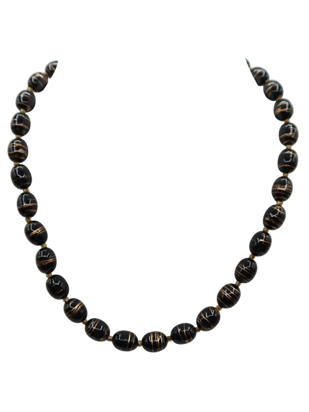 Vintage 1980s Black w/ Gold Accents Lacquer Oval Beaded Necklace NEW 18.5"